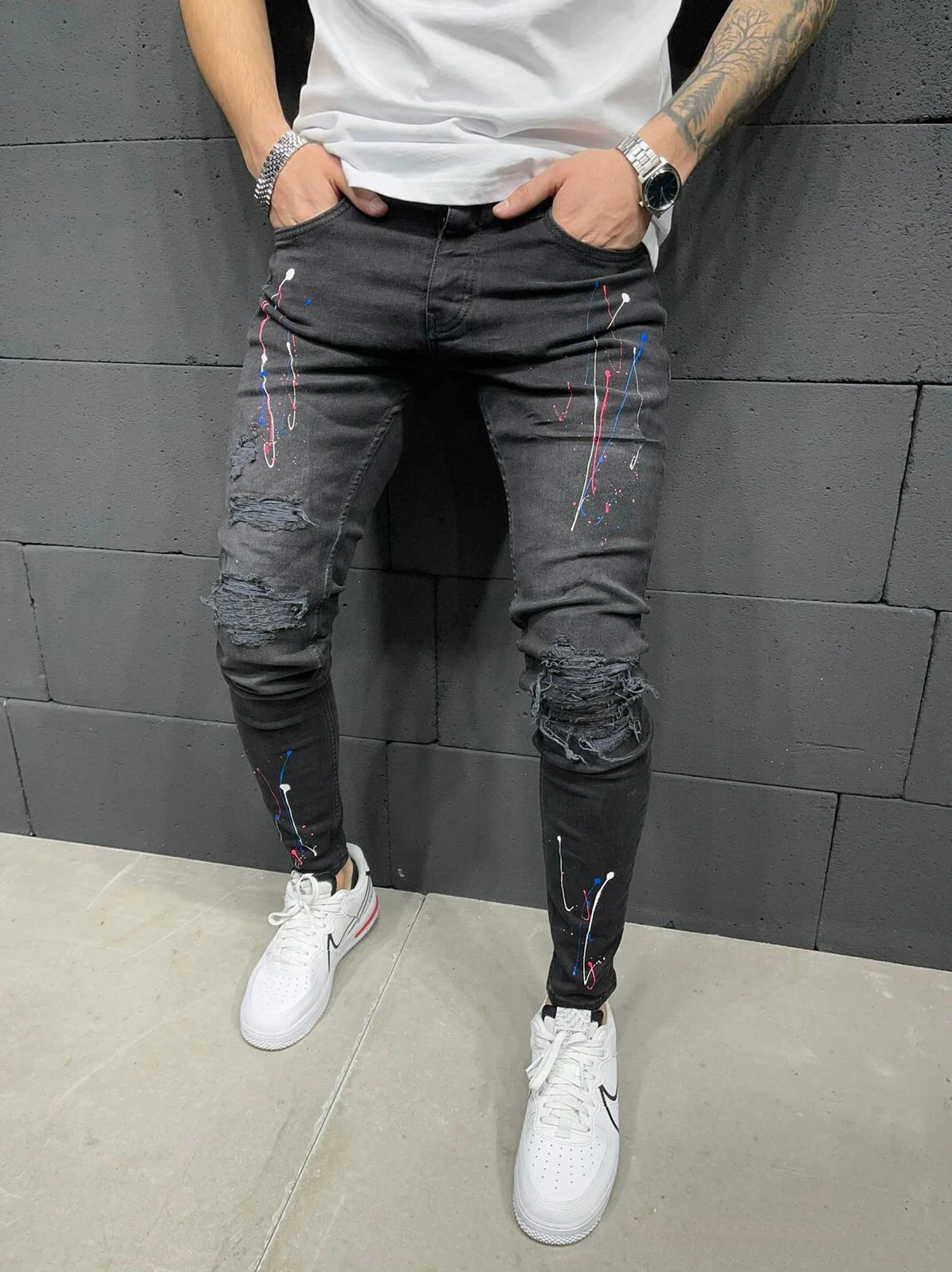 New Men's Jeans Men's Four Seasons Black Casual Travel Print Button Sports Pants Ripped Jeans Stretch Skinny Pencil Pants Denim