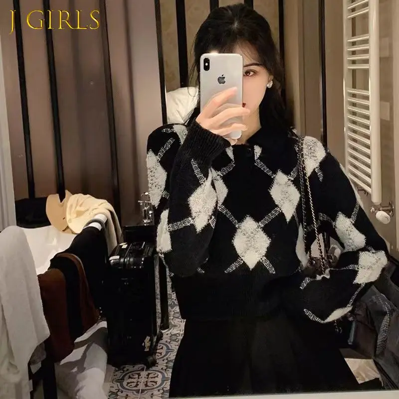 Pullovers Women Cropped Argyle Preppy Retro Simple Spring All-match Femme Sweaters Soft 3 Colors Knitwear Korean Style Jumper