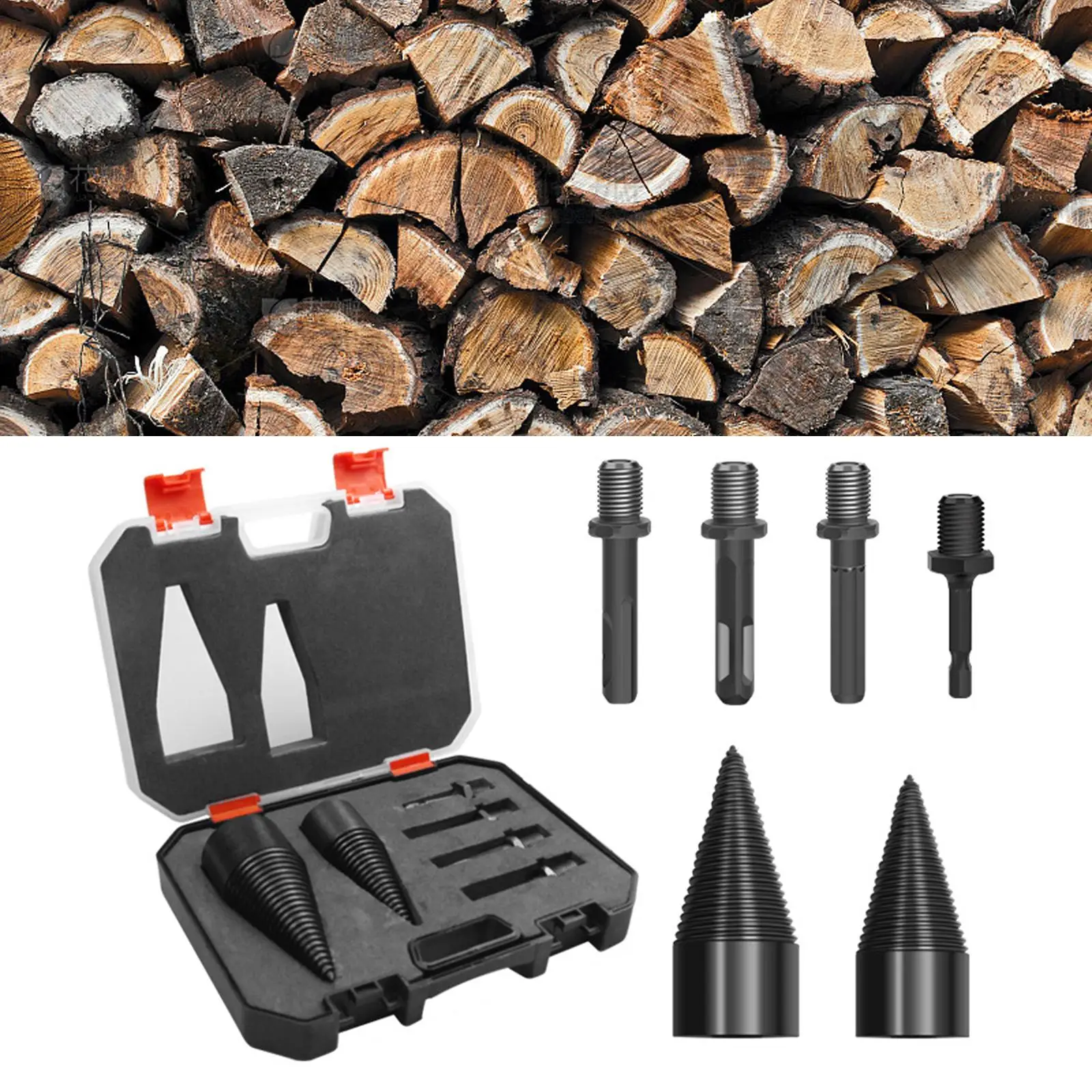 

6Pcs Logs Bits Household with Portable Case Heavy Duty Wood Splitter Screw Splitting Cone Driver Firewood Log Splitter Drill Bit