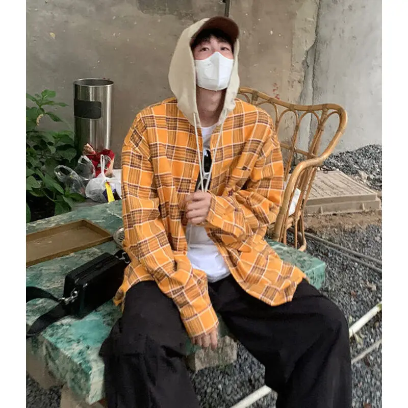 

Рубашка мужская с длинным рукавом и капюшоном, мешковатая модная клетчатая однобортная блузка, Свитшот в Корейском стиле, повседневные топы больших размеров