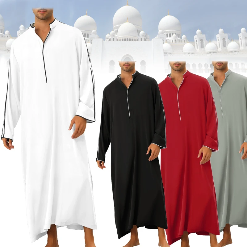 Men's Long Shirt Muslim Robe Islamic Ramadan Juba Kaftan Dishdash Arabic Robe Eid Al-Fitr Umra Hajj T-shirt Dress Men's Coat