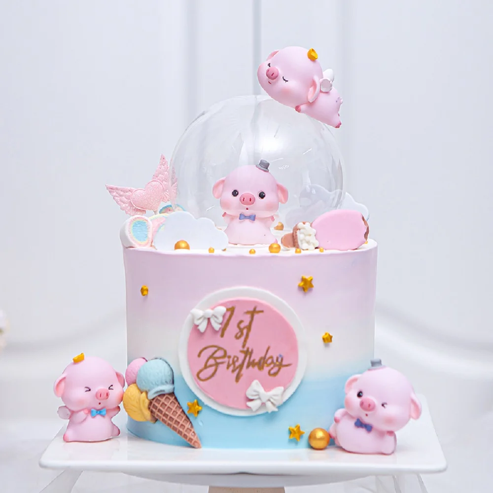 Pink Crown Hat Piggy Happy Birthday Cake Topper Doll Foam Cloud Wings Transparent Round Dome Ice Cream Cone Silicone Mold Decor