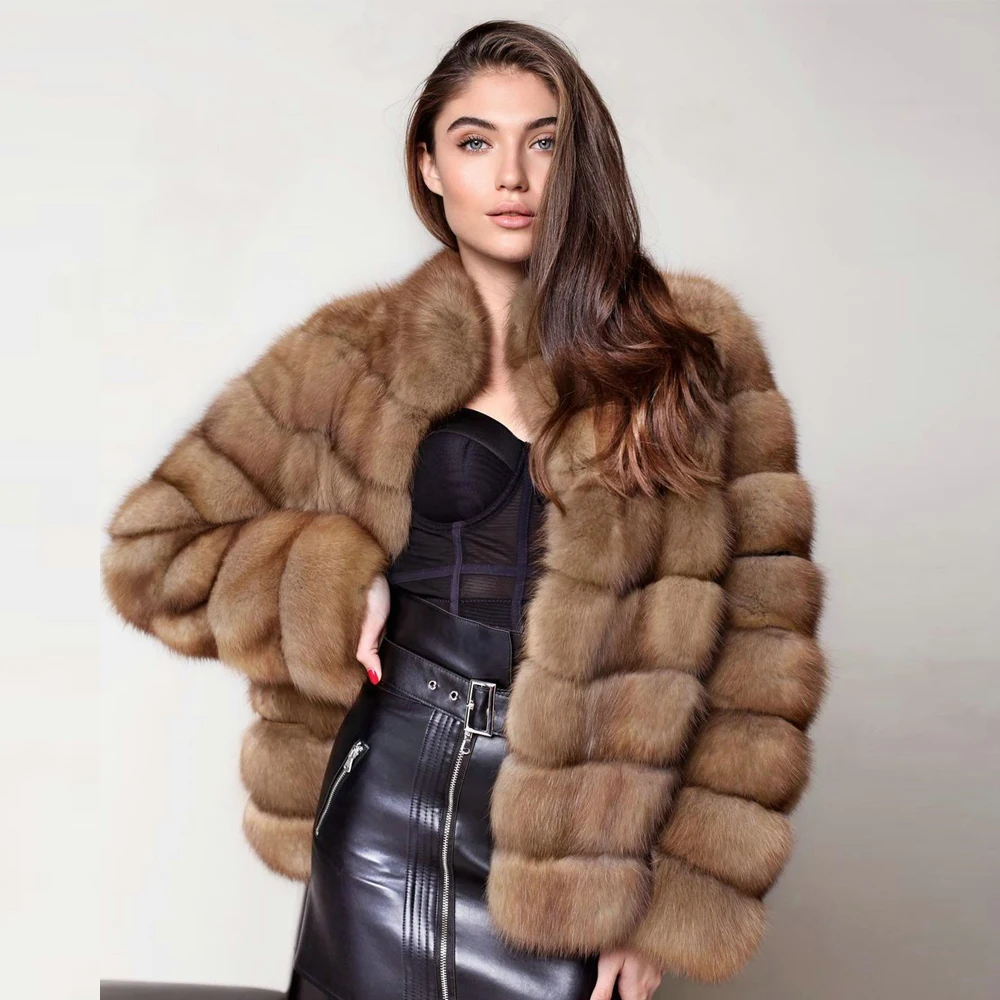 Women Trendy Natural Fox Fur Jacket Winter New Sable Color Genuine Fox Fur Coat Medium Length Thick Warm Fur Overcoat For Woman