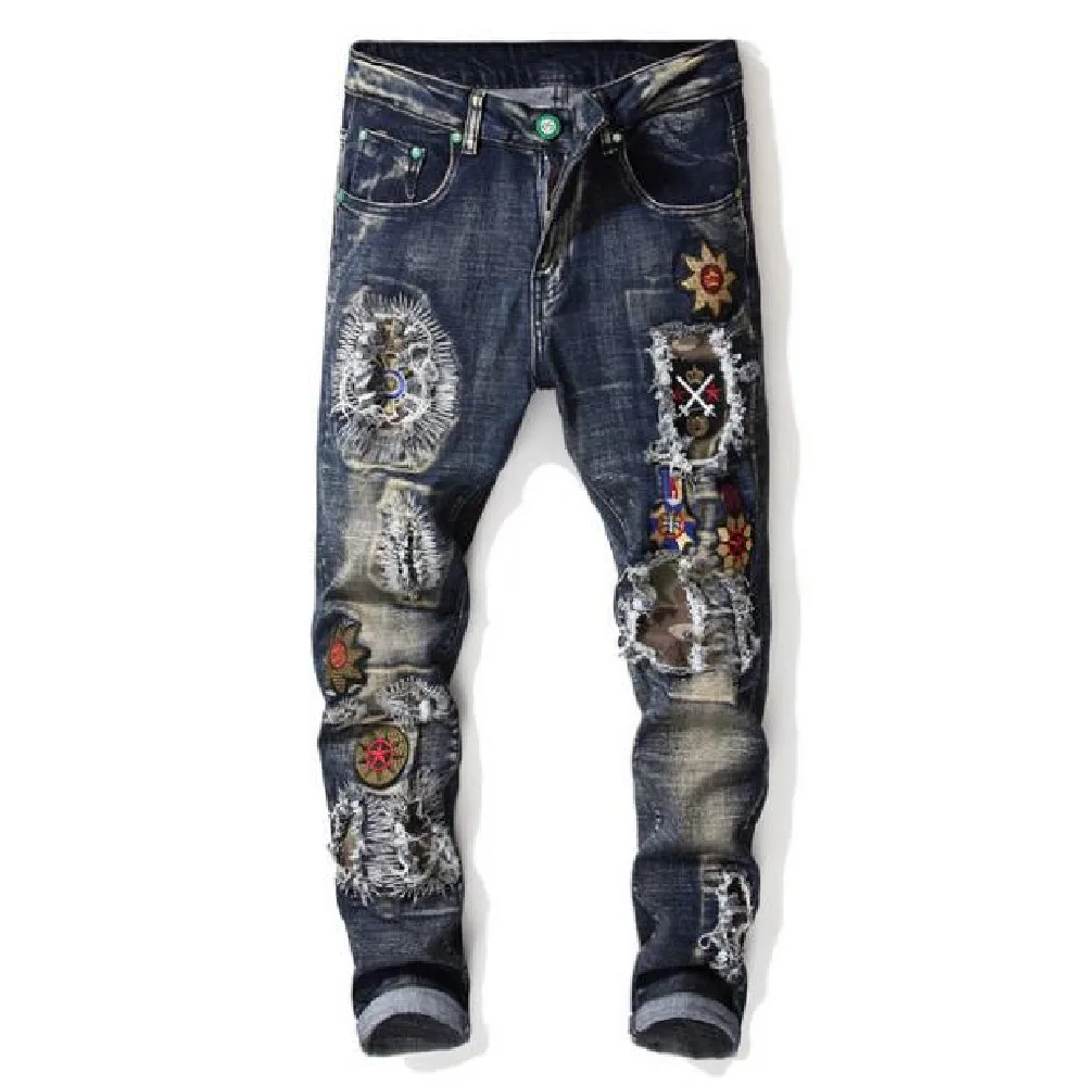 New Men's Jeans Blue Embroidery Hole Patch Jeans Fashion Trend Emblem Embroidery Trend Jeans
