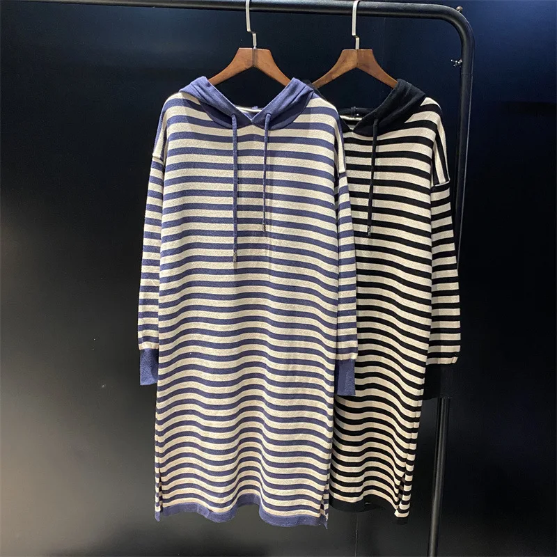 

Hooded Sweater Women's Autumn/Winter New Mid length Outwear Loose Korean Long Sleeve Striped Dress