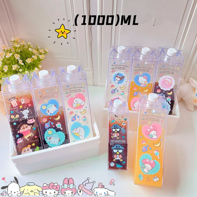 

New Anime Cartoon Square Transparent Milk Box Sanrioed My Melody Cinnamoroll Kuromi Kittys Cat Kawaii 500ML Juice Cup Water Cups