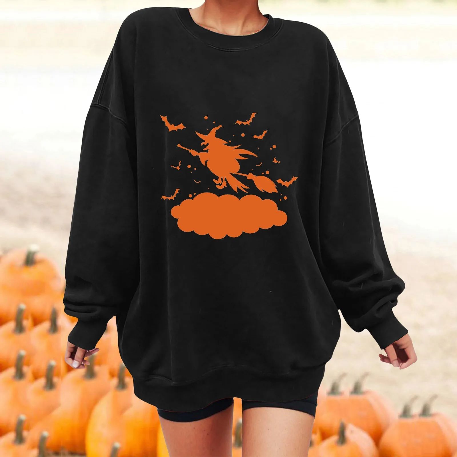 

Witch Cartoon Print Sweatshirt For Women Fleece Clothes Long Sleeve Crewneck Pullover Halloween Outfits Cozy Clothes Autumn