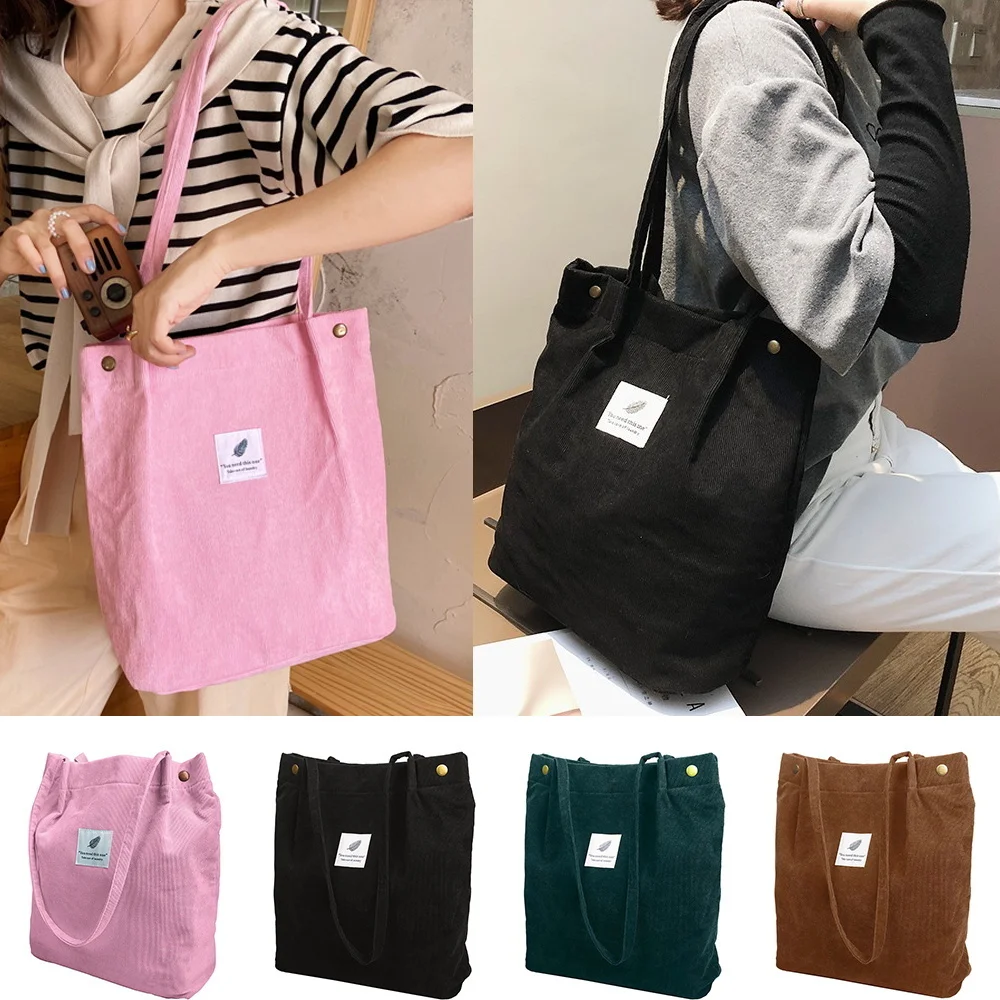 

2023 Women Corduroy Shoulder Bags Reusable Cotton Cloth Handbags School Shopping Large Grocery Eco Organizer Shopper Tote Bag