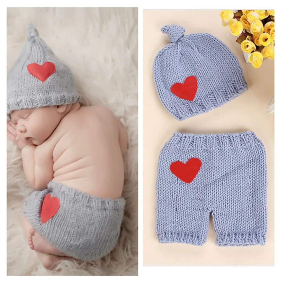 

Newborn Photography Baby Heart Knit Pointed Hat Pant Set Crochet Outfits Infant Children Studio Clothes Accessories