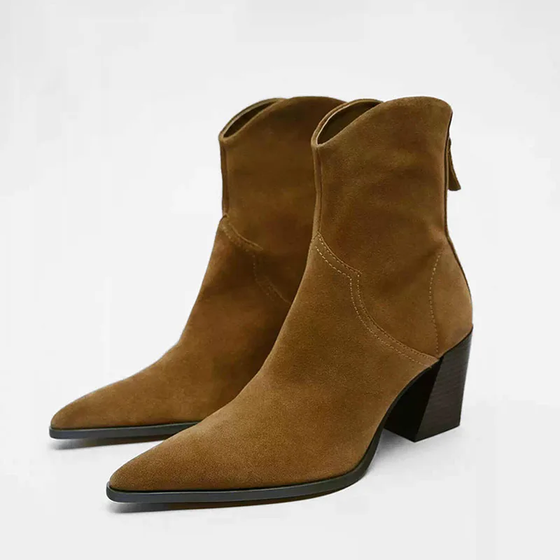 Женские ковбойские ботильоны в стиле ретро на квадратном каблуке с молнией сзади