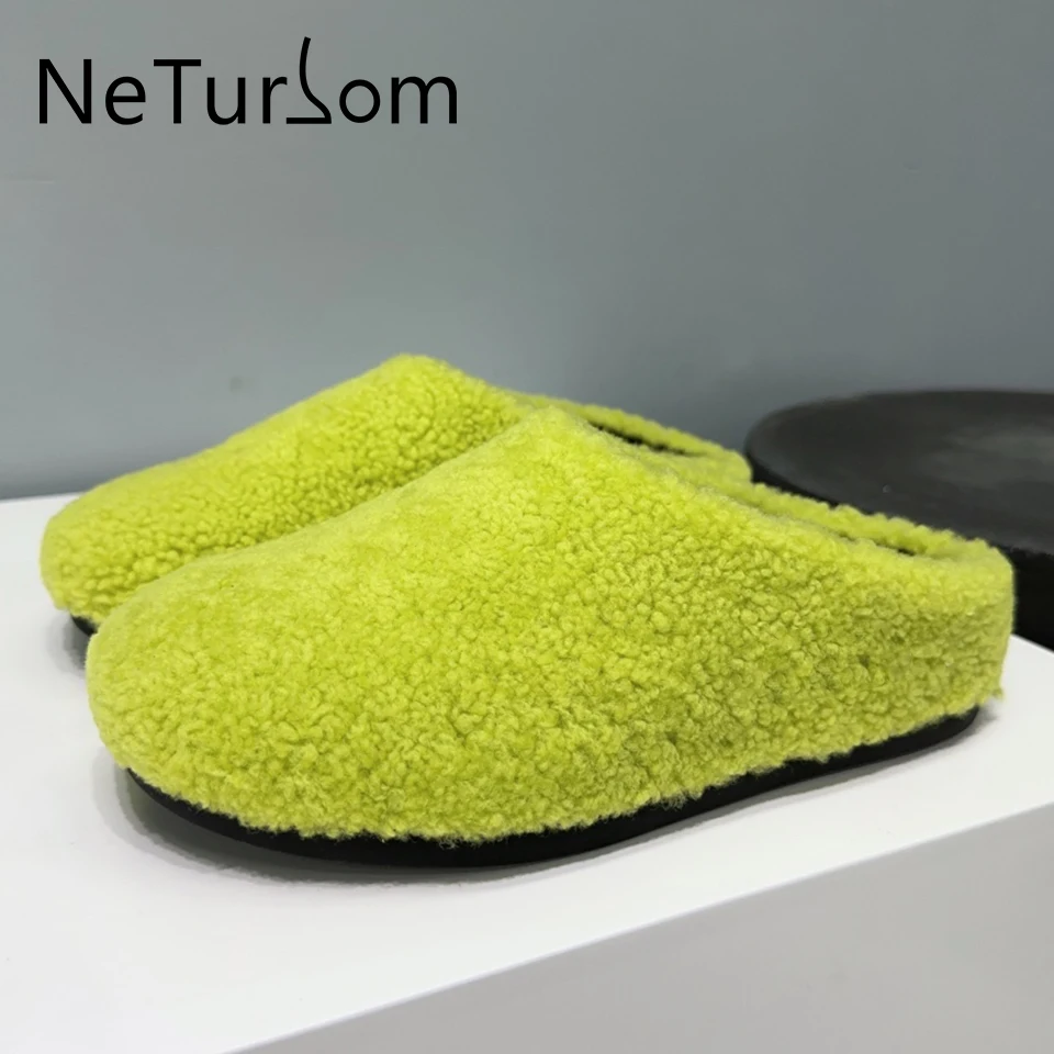 

Сланцы женские с закрытым носком, Повседневные Удобные туфли на плоской подошве, Нескользящие, из овечьей шерсти, теплые тапочки для улицы, Осень-зима