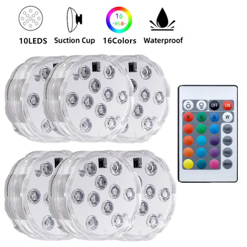 

5 Pcs 10 Leds RGB Submersible Light Remote Controlled Color Change Underwater LED Night Light for Outdoor Vase Fish Tank Pond