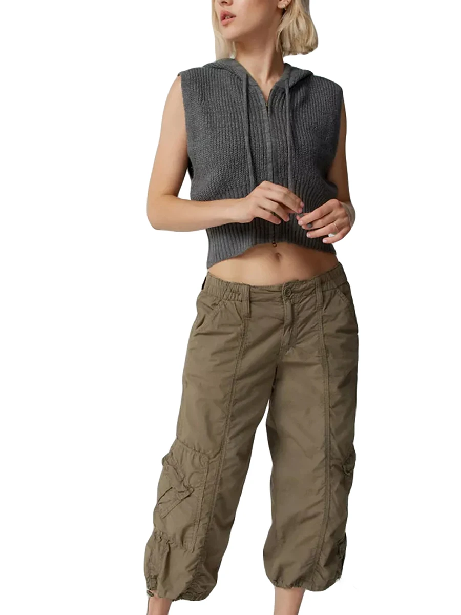 

Women s Knit Hood Waistcoat Solid Color Front Zipper Drawstring Sleeveless Lightweight Crop Vest