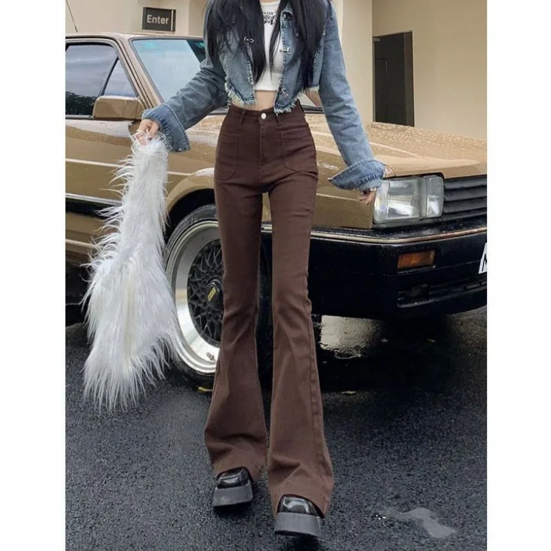 

Новые модные ретро микро расклешенные джинсы с высокой талией, женские эластичные коричневые брюки-подковы с высокой талией, горячие расклешенные брюки для девочек