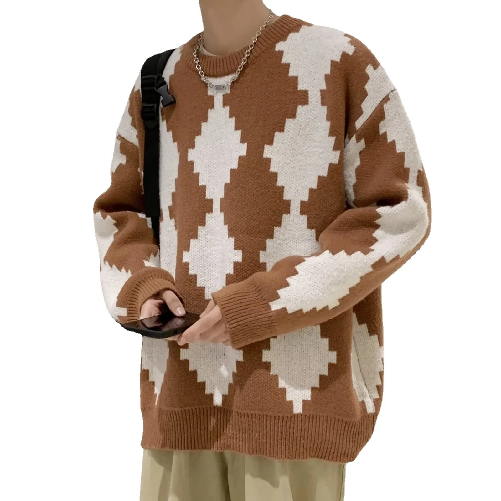 Autumn Winter Casual Idle Style Men's Sweater Round Neck Rhombus Thickened Knitted Top Youth Korean Fashion Loose-Fit