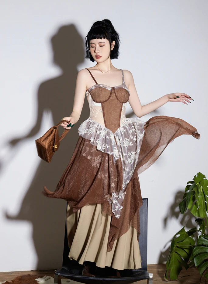 

SuperAen 2022 New Summer Lace Sexy Patchwork Retro Waist A-LINE Casual Slash Neck Spaghetti Strap Flounced Edge Dresses Women