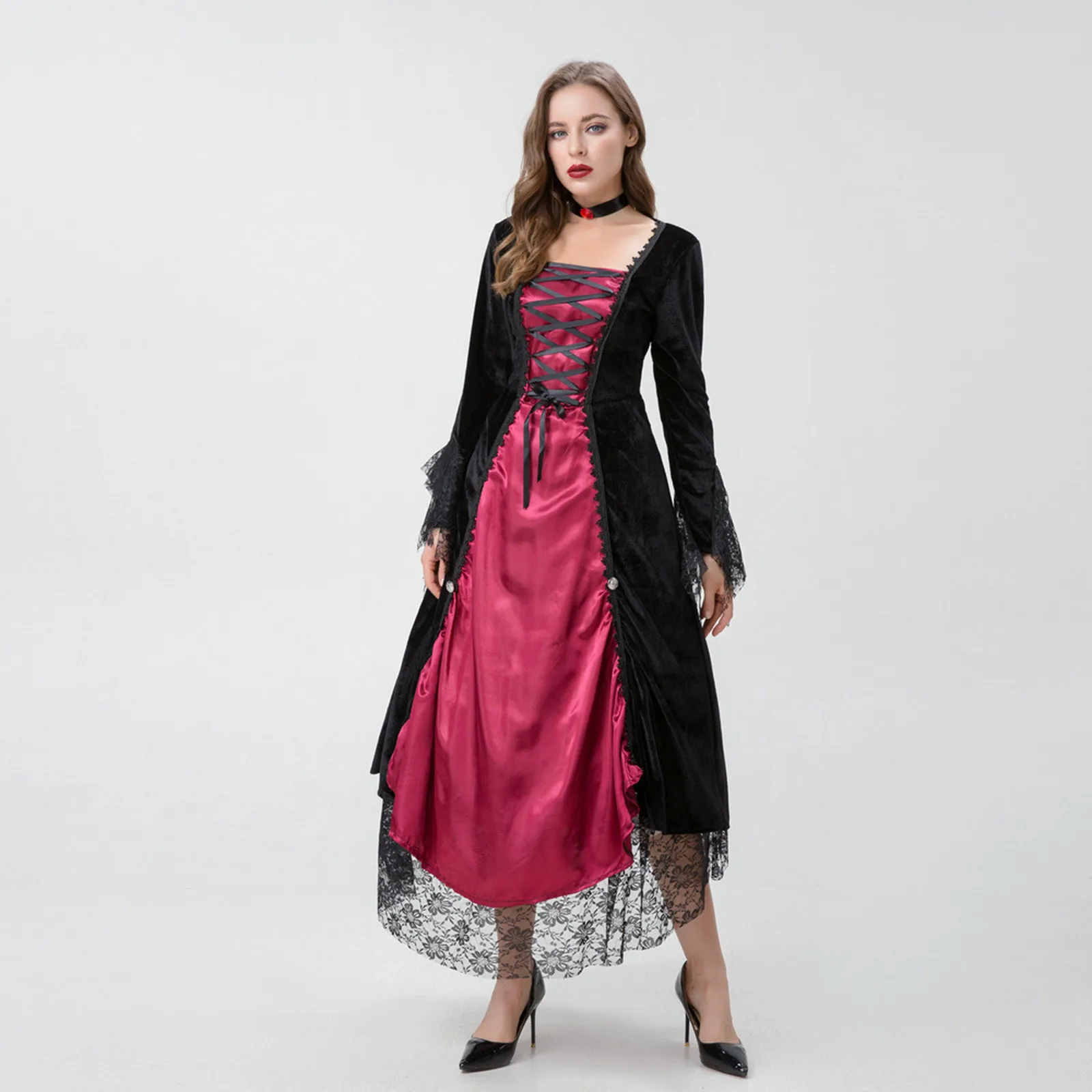 

Женский черный костюм на Хэллоуин, готическое Королевское Платье, Европейская и американская средневековая Ретро кружевная юбка