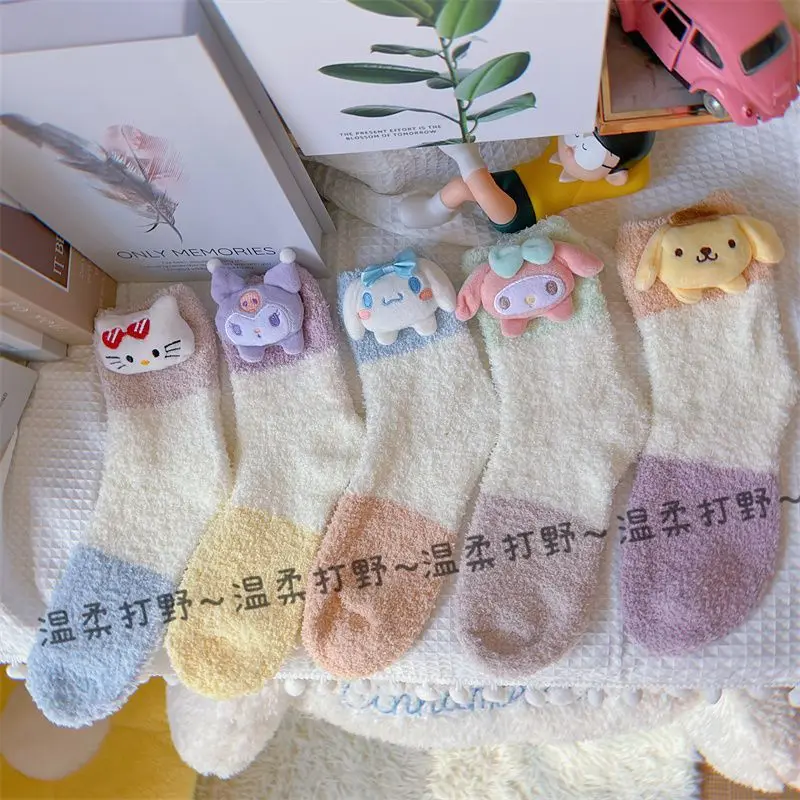 

Hello Kitty Kuromi Kawaii Sanrio Anime Coral Velvet Socks Cute Cartoon Cinnamoroll Plush Doll Sleep Warm Stocking Toys for Girls