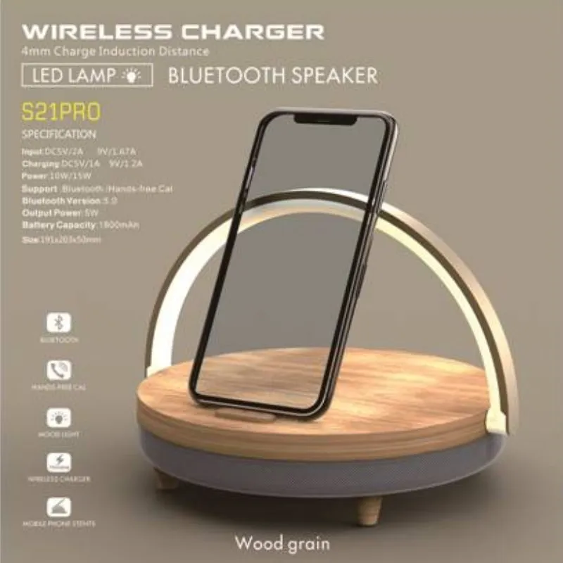 

S21 Pro Bluetooth Speaker Wood Wireless Chargers LED Lamp 15W High Power Fast Charging Stand for iPhone 14 13 13Pro 12 Holder