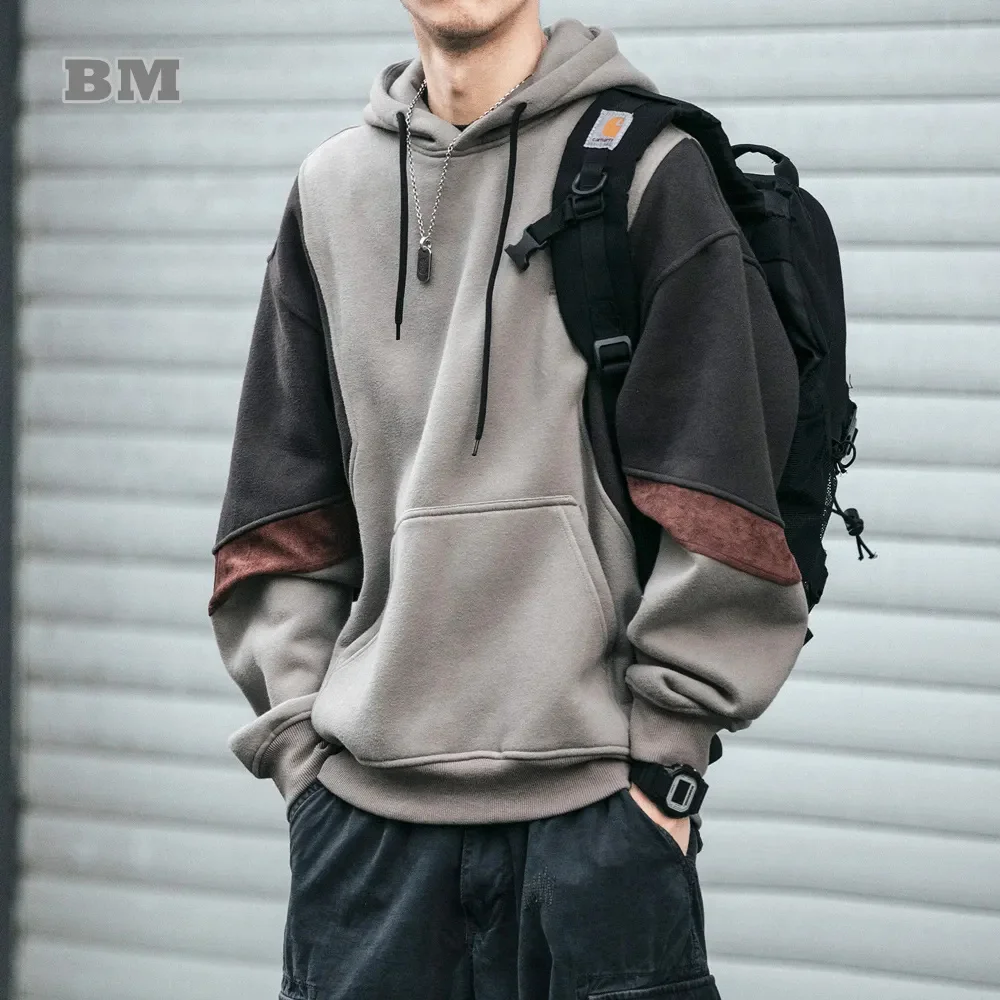 

Plus Size Autumn Winter Korean High Quality Fleece Patchwork Hoodie Men Clothing Harajuku Japanese Streetwear Hip Hop Sweatshirt