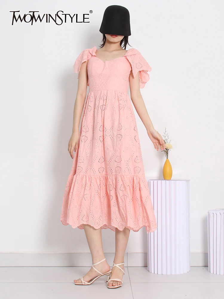 

TWOTWINSTYLE Sexy Dress For Women Slash Neck Short Sleeve High Waist Solid Minimalist Loose Midi Dresses Female Summer Clothing