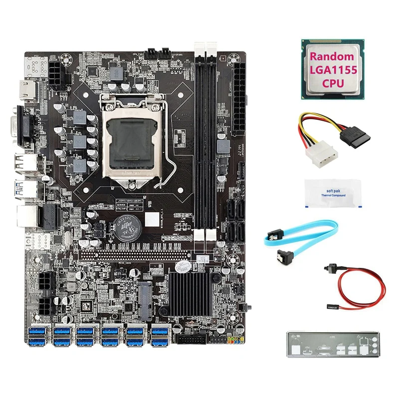 B75 12USB ETH Mining Motherboard+CPU+4PIN IDE To SATA Cable+SATA Cable+Switch Cable+Baffle+Thermal Grease For BTC