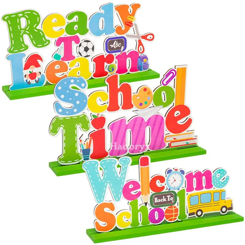 

3Pcs Back To School Classroom Wooden Ornaments Table Topper Desktop Centerpieces Ready To Learn Detachable Schoolroom Decor