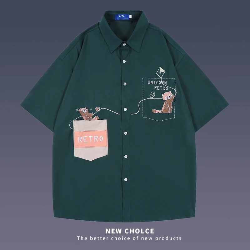 

Рубашка мужская в японском стиле ретро, модная Свободная Повседневная Уличная одежда с мультяшной вышивкой, тяжелый локомотив, с коротким рукавом, на лето