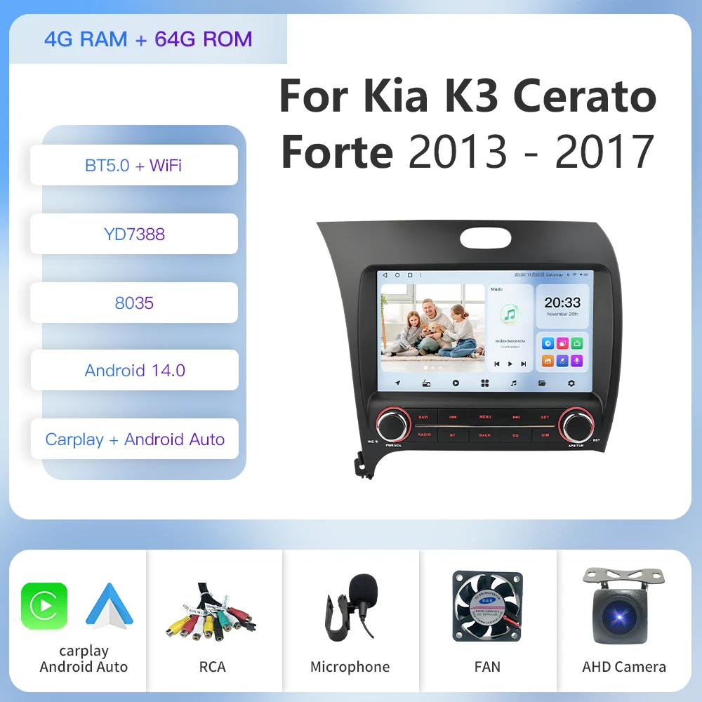 

Мультимедийная магнитола Kapud для Kia Cerato 3 2013-2017, 9 дюймов, Android 12, с GPS, SWC, Wi-Fi, без DVD