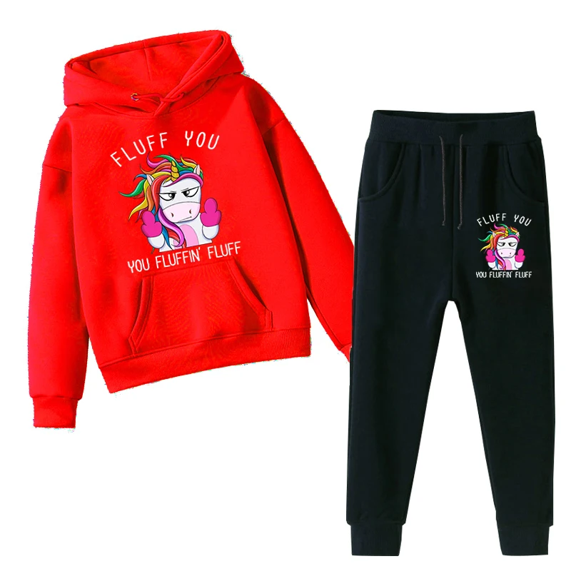 Fluff You Unicorn  Hoodie Children's Clothing Unicorn CartoonHoodie Suitable Boys GirlAnime Sleeve Pullover Sweatshirt Sets