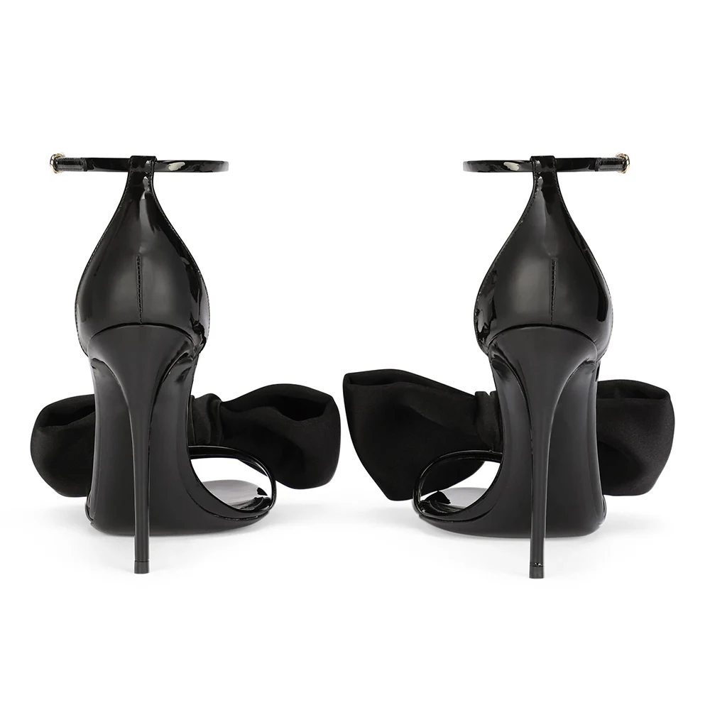 2023 Summer New Round Toe Black Bow Sandals for Women Stilettos Party High Heels Ladies Ankle Strap Bowknot Shoes Large Size