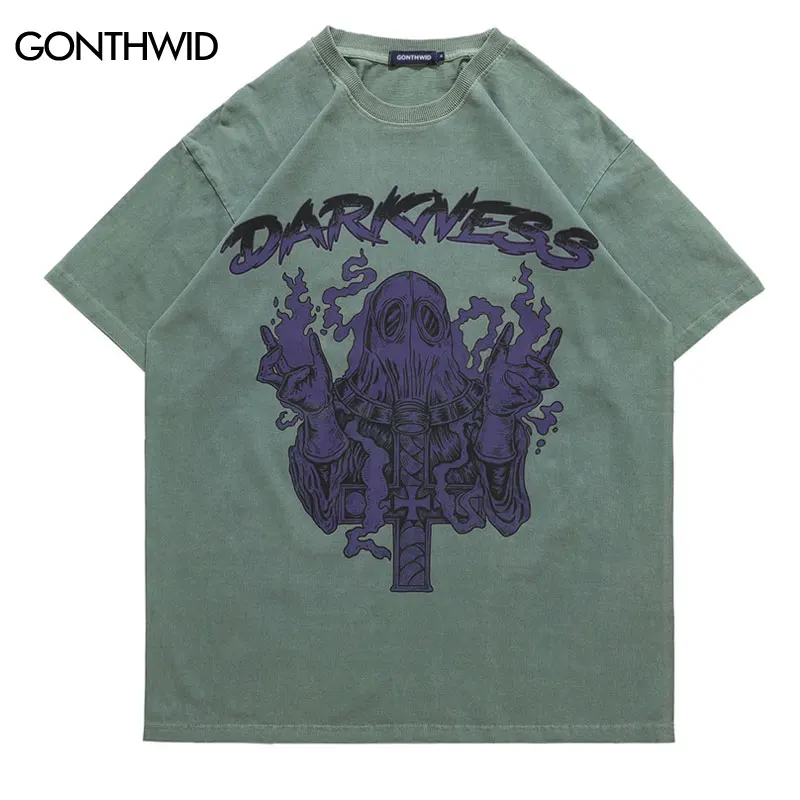 

Men Oversized Distressed T-Shirts Hip Hop Mask Ghost Graphic Print Punk Gothic Tshirt Streetwear Casual Cotton Short Sleeve Top