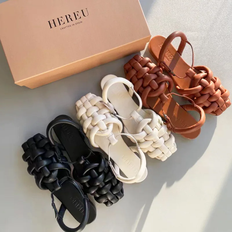 

Hereu Women's Shoes Authentic Leather Weave Roman Sandals Soft Ankle-Strap Buckle Flat Women's Shoes women sandals