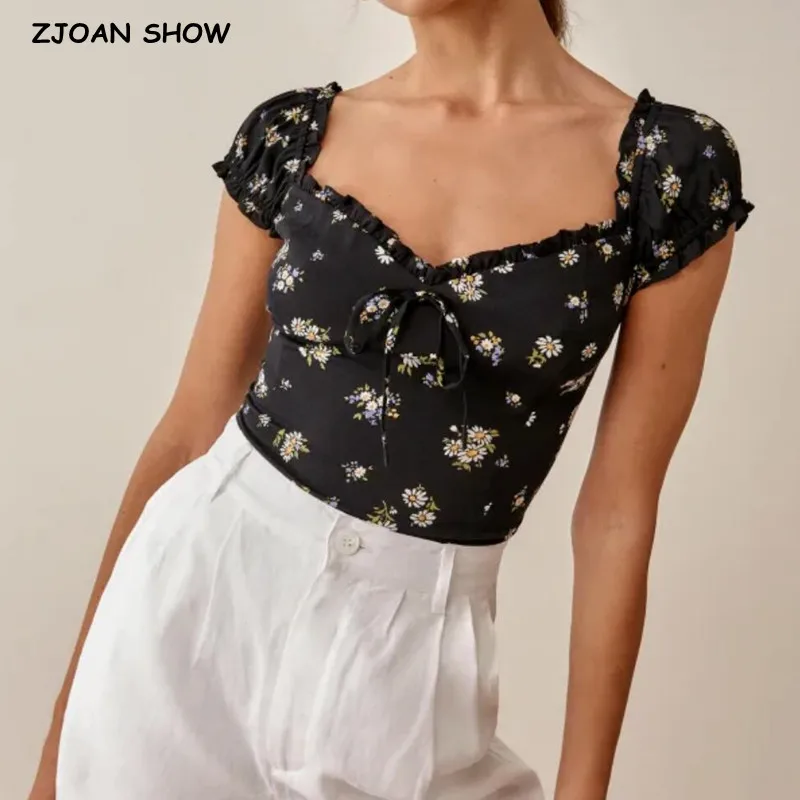 2022 Vintage Black Daisy Flower Print Shirt Retro Elastic Ruched Back Square Collar Short Sleeve Short Blouse tank top Tops