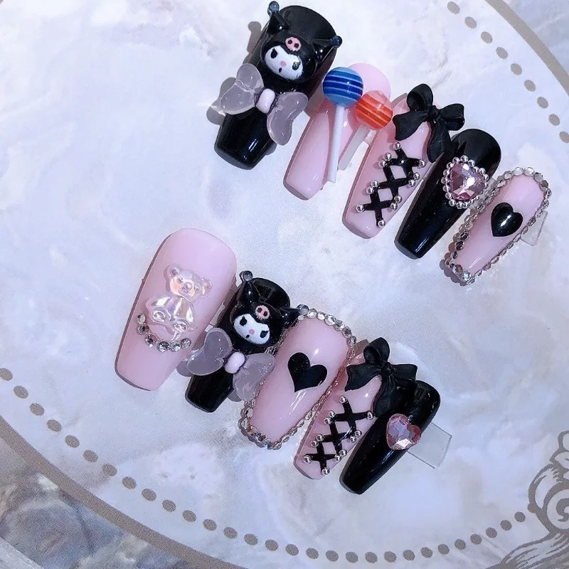 

Kawaii Kuromi искусственные наклейки для ногтей розовый аниме милый крутой Съемный Многоразовый бант ручной работы ногтей Декор