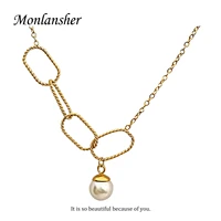 monlansher gorgeuos hollow twisted link chain pearl necklace lady women chic stainless steel gold wateproof pandent necklaces