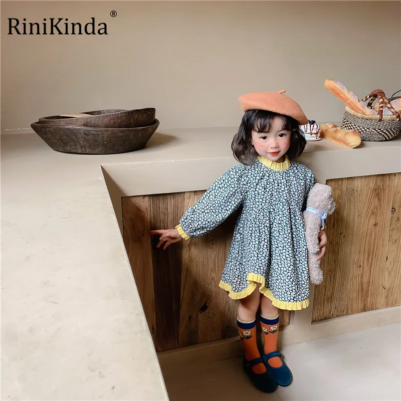 

RiniKinda Autumn New Floral Dress For Girls Flower Puff Sleeve French Style Dresses For Children Kids CottonDresses For Girls