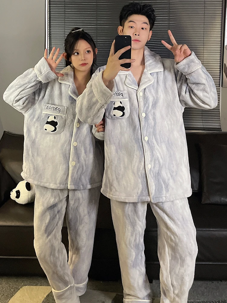 Autumn and Winter Coral Fleece Couple Pajamas Women Thickened Fleece-lined Warm 2024 New Cartoon Men's Homewear