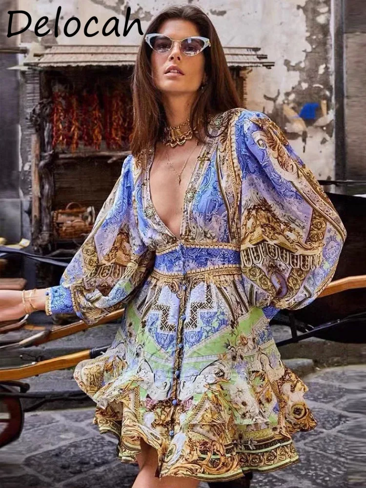 Богемное модное однобортное платье-мини Delocah с рукавами-фонариками и V-образным