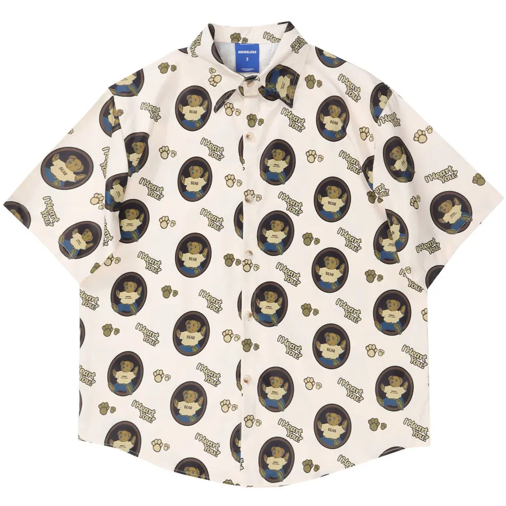 

T Shirt for Men Bears Print Men Clothing 2022 Cotton Casual Streetwear Summer Short Sleeve Blouses Oversized Checked Men's Shirt