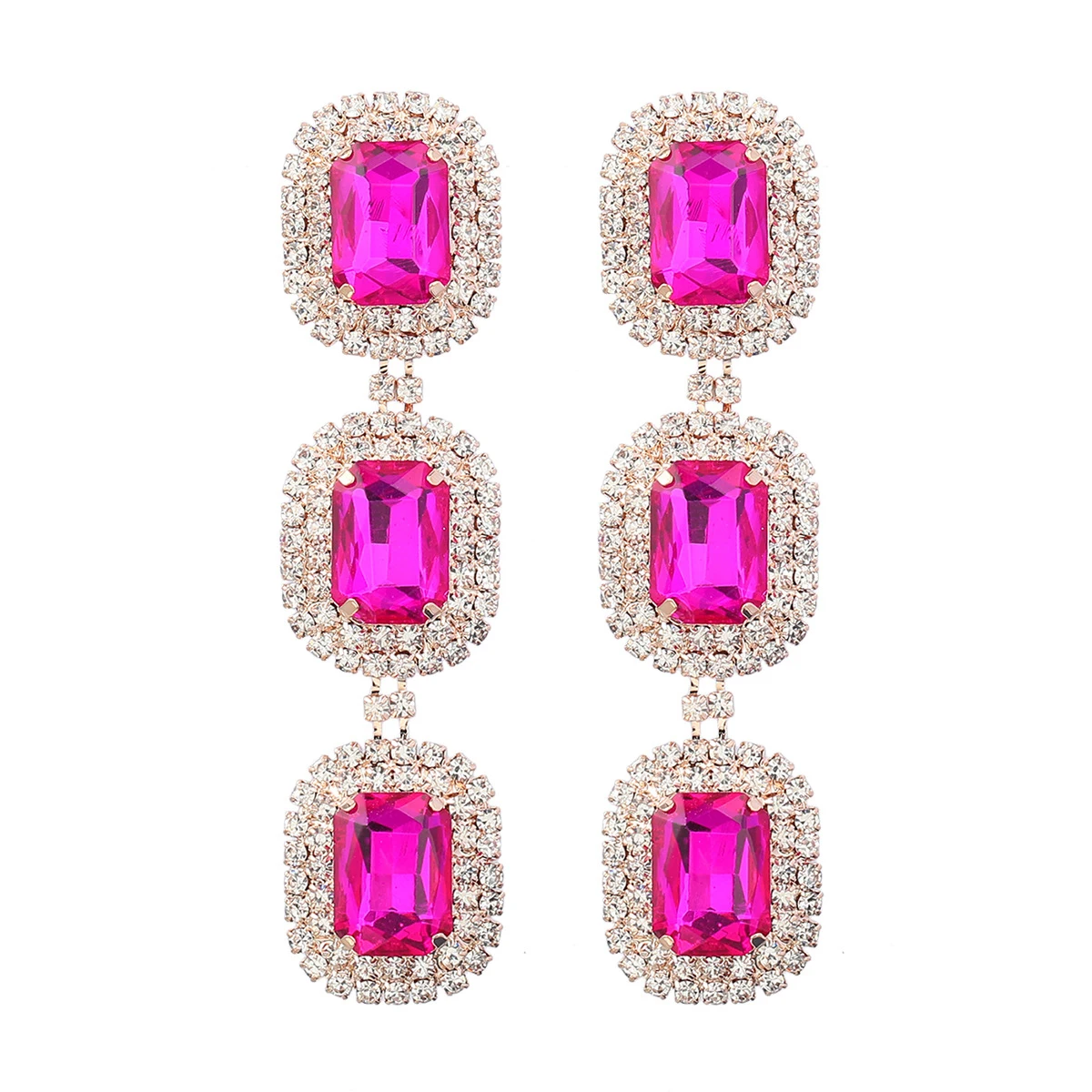 

Statement Shiny Fuchsia White CZ African Gold Color Long Dangling Drop Women Party Earrings for Bridal Wedding