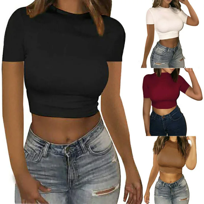 

Round Neck Tops for Women Summer New Sexy Open Umbilical Short Solid Fashion Casual Slim Fit Short Sleeve T-shirt Woman Tees