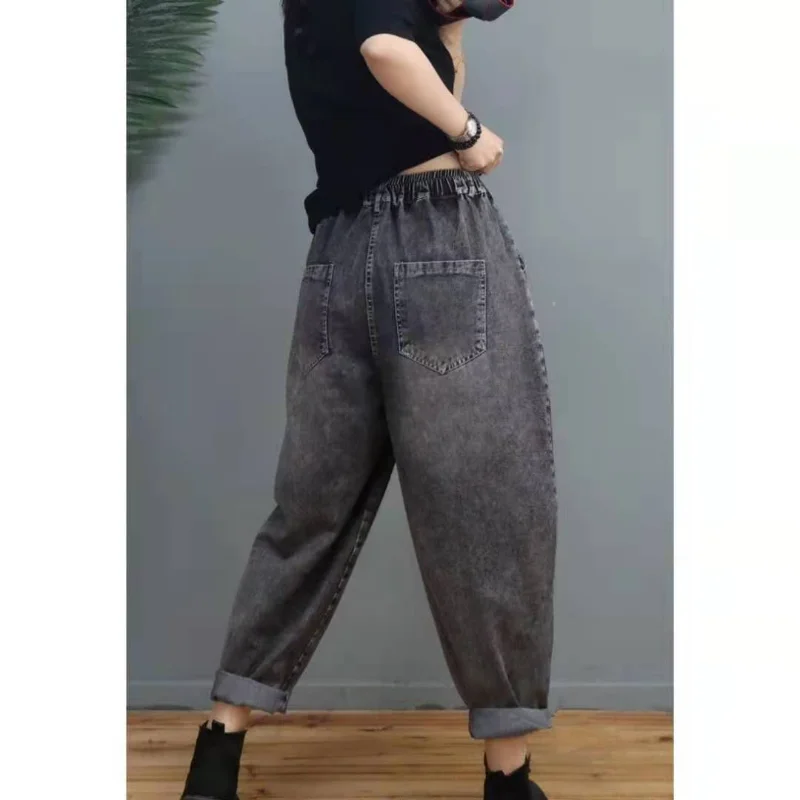 New Women High Waist Jeans Fashion Multi-pocket Nine-quarter Trousers Wide Leg Harem Trousers Loose Elasticated Waist
