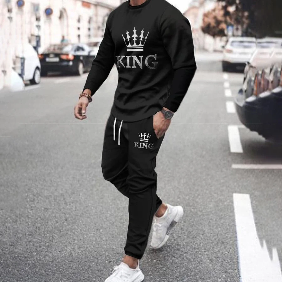 

2022 New Arrival Casual Men Clothing King T Shirt Long Sleeved Tops+Pants Oversized Tracksuit 2 Piece Sets Men's Streetwear Sets