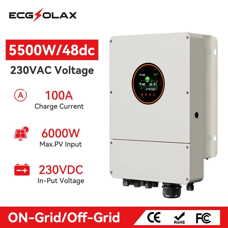 

ECGSOLAX 5500W Hybrid Solar Inverter 230V Built-in 100A MPPT Charger Controller On-Grid Pure Sine Wave Inverter Max PV 500VDC