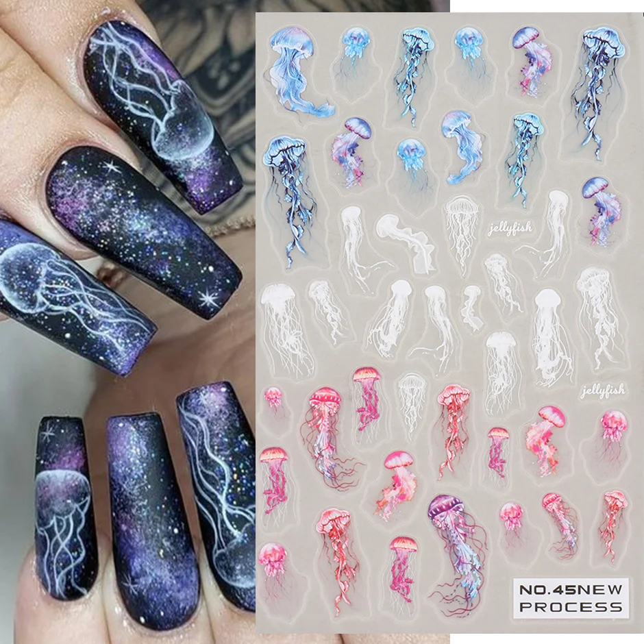 Sea Animal Jellyfish Nail Stickers Blue Shell Star Fish 3D Decals Beach Wave Palm Tree Nail Art Sliders Scrub Spring Design SANO