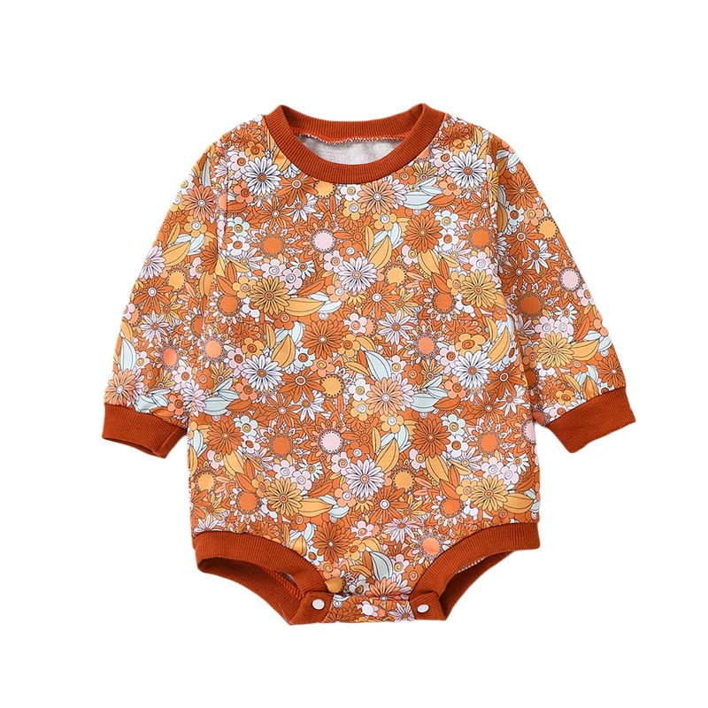 

Newborn Baby Girls Rib Floral Prints Romper 0-24 Month Infants Casual Long Sleeve Round Neck Floral Print Bodysuits for Toddlers