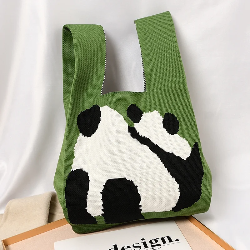 

Cute Cartoon Panda Pattern Women's Small Tote Bag Design Woven Knitted Wrist Bag Casual Reusable Shopping Bag 2023 New Arrivals