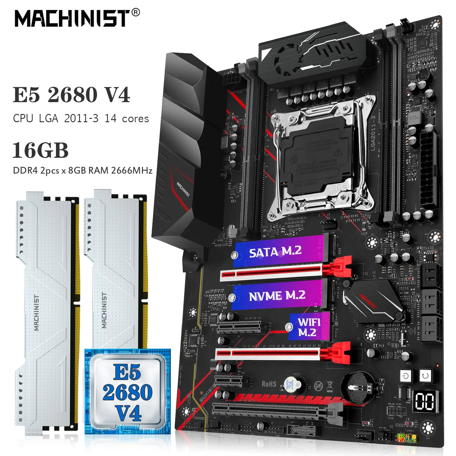 MACHINIST X99 Motherboard Combo Xeon E5 2680 V4 CPU Kit 16GB 2666MHz DDR4 RAM Memory LAG 2011-3 Four channel NVME M.2 MR9A PRO