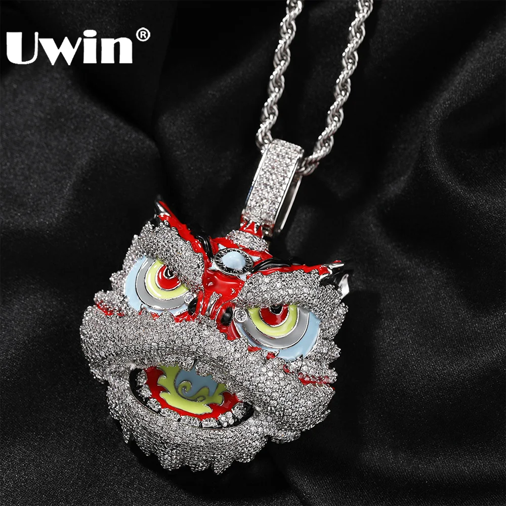 

UWIN Chinese Traditional Dancing Lions Character Pendant Iced Out CZ Colorful Enamelled Charms for Women Fashion Jewelry